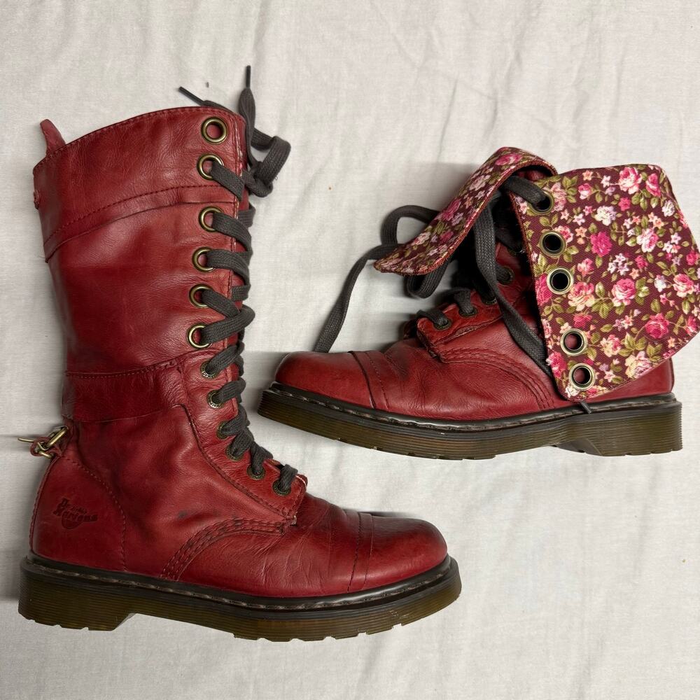 DR MARTENS Triumph 1914 Aimilita Cherry Red Leather Floral Fold Over Boots sz 9